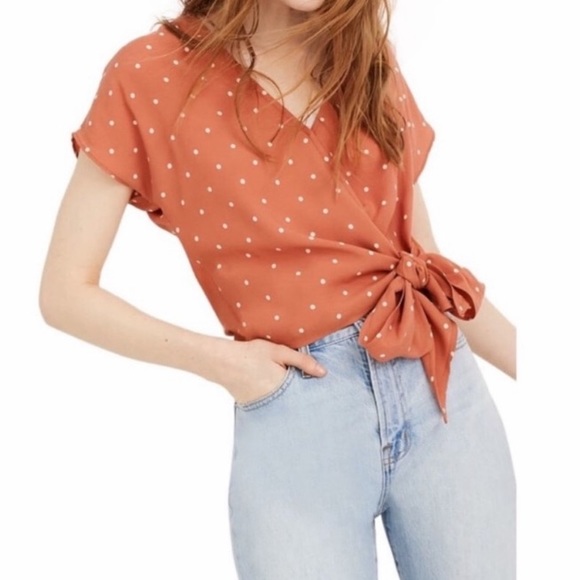 Madewell Tops - Madewell peach and white dot wrap shirt.